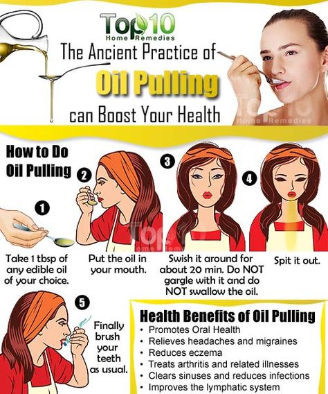 Prev2 of 2Next post How to Do Oil Pulling Take 1 tablespoon of organic, unrefined, cold-pressed vegetable oil like sunflower oil, sesame oil or any other edible oil. Many people like to use coconut oil as it has several additional health benefits and has strong antimicrobial properties due to its lauric acid content. Put the Body Health Tips, Benefits Of Oil Pulling, Health Coconut Oil, Oil Pulling Benefits, Coconut Oil For Teeth, Top 10 Home Remedies, Coconut Oil Pulling, Coconut Oil Uses, Oil For Hair