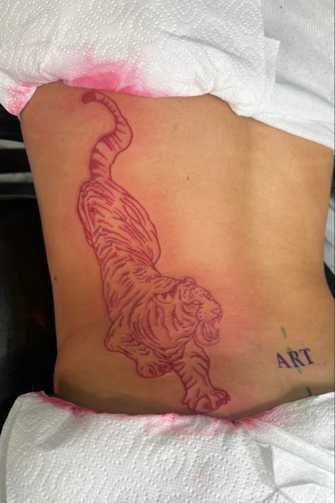 Tiger Queen Tattoo, Wrap Around Side Tattoo, Tiger Tattoo Red Ink, Spine Tattoos For Women Tiger, Across The Back Tattoo Women, Tiger Print Tattoo For Women, Red Ink Thigh Tattoos Women, Leopard Stomach Tattoo, Waist Stomach Tattoo