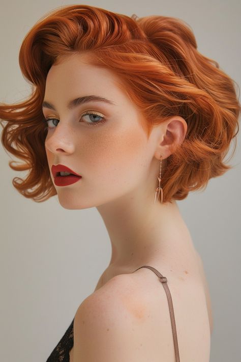 Copper Pixie Haircut, Pixie Ginger Hair, Person Looking To The Side, Red Hair Short Bob, Ginger Bob Hair, Copper Pixie Cut, 50s Bob, Copper Bob Hair, Ginger Pixie