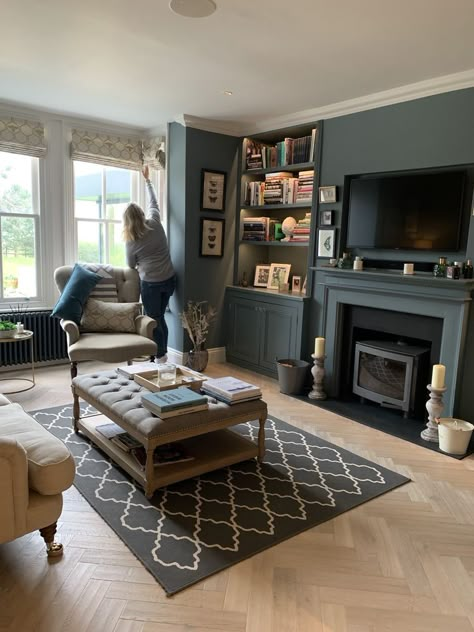 Grown Up Living Room, Navy Panelled Living Room, 1930s Sitting Room Ideas, Living Room Decor Carpet Floors, Matching Fireplace And Wall, Heritage Living Room Decor, Colourful Sitting Room Ideas, British Living Room Ideas, Dark Lounge Room