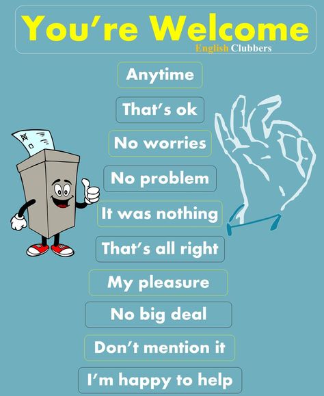 Other ways to say:
You're welcome
Anytime 
That's okay
 no worries 
no problem 
it was nothing
 that's all right 
my pleasure 
no big deal 
don't mention it 
I'm happy to help

______________
Learn English
Learn Grammar 
English Grammar 
Vocabulary 
Pronunciation 
Speaking 
Speak English fluently
Motivation
_____
Hashtags 

#learnenglish #English #vocabulary #englishteacher #ietls #englishvocabulary #studyenglish #englishlearning 
#love #instagood #photooftheday #beautiful #happy #popular #viral Ways To Say Said, Grammar English, Speak English Fluently, Grammar Vocabulary, Other Ways To Say, Unique Words Definitions, Learn English Grammar, Good Vocabulary Words, Good Vocabulary