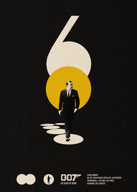 This Limited Edition art print was commissioned by Przemek Bartnik as part of our celebratory collection for the 60th anniversary of the British Cinema icon, James Bond. This Sean Connery 60th Anniversary print is available exclusively at reelstore. The design features Sean Connery, who was the first ever actor to play the British spy in 1962 for Dr No. His image walks towards us framed within a 60 symbol which references the design circle symbol which is synonymous with the James Bond franchise 60 Graphic Design, James Bond Graphic Design, Made By James, Graphic Frame Design, Spy Poster Design, Back In Stock Design, James Bond Aesthetic, James Bond Art, James Bond Poster