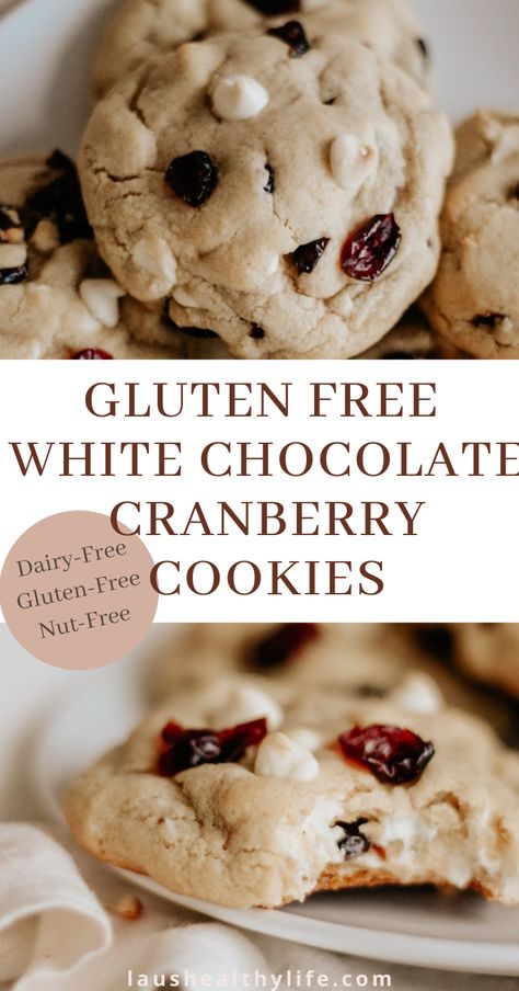 These gluten free white chocolate cranberry cookies are soft and fudgy on the inside yet slightly crispy on the outside. With just the right amount of white chocolate and dried cranberries, they are sure to become a quick favourite! #whitechocolate #cranberry #whitechocolatecranberrycookies #christmascookies #glutenfreecookies Gluten Free White Chocolate Cranberry, Gluten Free Christmas Baking, Gluten Free Christmas Desserts, Chocolate Cranberry Cookies, Gluten Free Christmas Cookies, White Chocolate Cranberry Cookies, Gluten Free Holiday, Gluten Free Cookie Recipes, Gluten Free Christmas