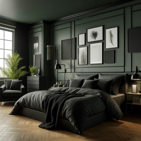 Dark Green and Black Accents Bedroom Dark Green And Black Walls, Dark Green Bedroom Black Furniture, Dark Grey Moody Bedroom, Modern Dark Green Bedroom, Dark And Moody Green Bedroom, Moody Green Accent Wall Bedroom, Dark Colors For Bedroom Walls, Dark Bedroom Design Ideas, Dark Green And Black House