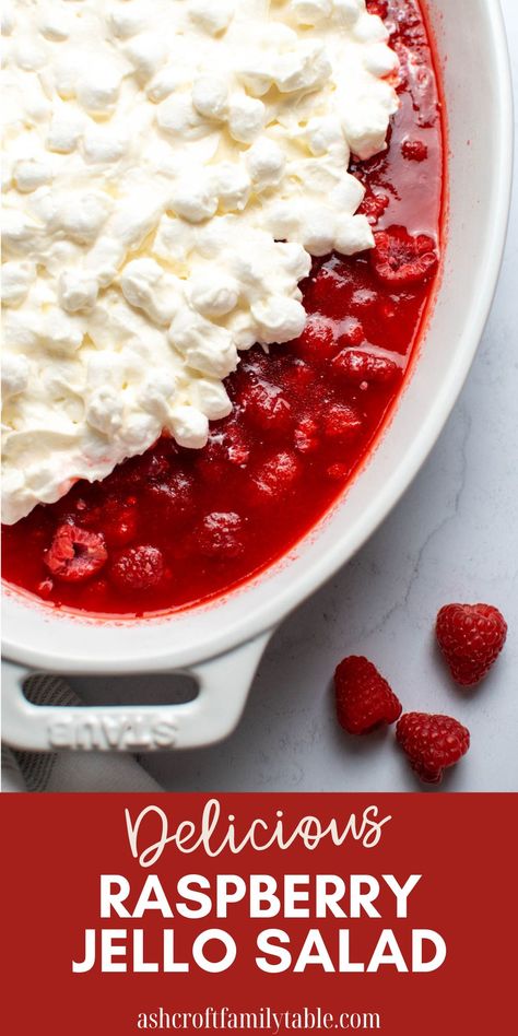 Raspberry Jello Salad with Frozen Raspberries - The Ashcroft Family Table Raspberry Jello Dessert, Raspberry Jello Recipes, Dessert Table Recipes, Creamy Jello, Thanksgiving Jello, Raspberry Jello Salad, Dessert For A Crowd, Cute Christmas Desserts, Raspberry Jello