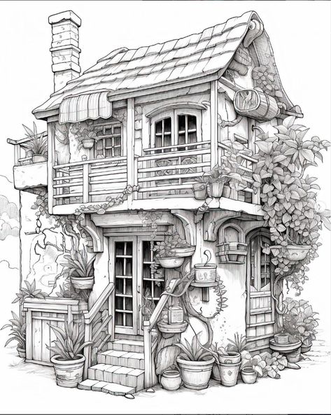 Drawing Cottage, House Design Sketch, Cottage Sketch, Buildings Sketch, Cottage Drawing, Fairytale Town, Cottagecore House, House Quilt Patterns, Art Maker