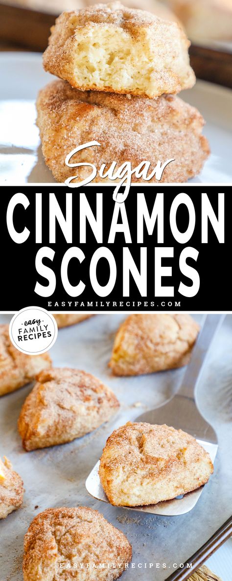 two images of scones, one with two scones stacked and another with scones lined on a baking sheet. Soft Fluffy Scones Recipe, Easy Scones Recipe 3 Ingredients, Fluffy Scones Recipe, Cinnamon Sugar Scones, Sweet Scones Recipe, Perfect Scones Recipe, Sour Cream Scones, Sweet Scones, Cinnamon Scones Recipe