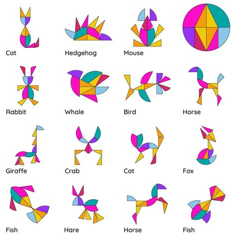 Origami Circle, Animals Vector Illustration, Tangram Patterns, Visual Perception Activities, Pen And Paper Games, Tangram Puzzles, Different Animals, Lino Art, Paper Games