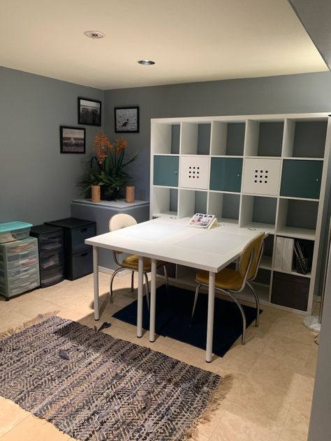 Kallax shelving with Linnmon table top and Adil legs. 2019 Kallax Linnmon, Linnmon Desk, Linnmon Table Top, Ikea Linnmon, Homeschool Room Design, Kallax Shelving, Ikea Craft Room, Ikea Crafts, Craft Space