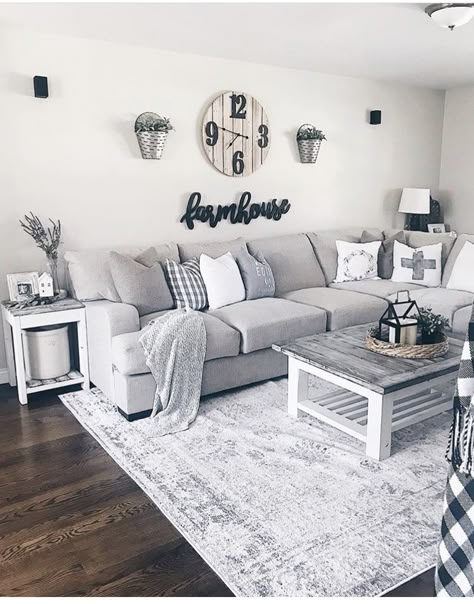 Gray And White Apartment Decor, Gray And White Farmhouse Living Room, Coffee Tables Living Room Farmhouse, Black White And Grey Farmhouse Decor, Gray Living Room Ideas Farmhouse, Grey Couch With Rug Living Room, Apartment Farmhouse Living Room, Living Room Decor Gray And White, Apartment Living Room Decor Cozy Simple