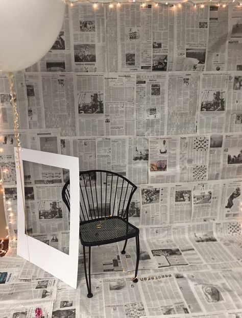 Photo booth - newspaper and props - 36" white balloon - Insta frame - chair. I recommend clear tape for ground as it will get ripped up. Photo Booth Background Ideas, Diy Cardboard Photo Booth, Diy Newspaper Backdrop, Photo Booth Decoration Ideas, Creative Photobooth Ideas, Diy Photography Props Cheap, Newspaper Party Decorations, Photo Back Drop Wall Ideas, Pop Up Photo Booth