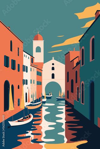 Stock Image: flat vector gondola venice grand canal italy city attraction background Vector Travel Poster, Italian Gondola, Explosion Book, Venice Illustration, Gondola Venice, Venice Italy Gondola, Italy Illustration, Cards Poster, Italy City