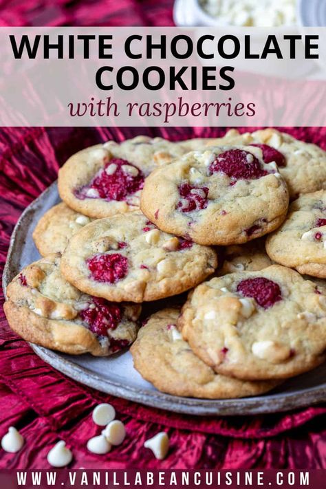 These easy White Chocolate Raspberry Cookies pack a big flavor punch—sweet and tart berries combine with creamy white chocolate for a delicious treat. So pretty for Valentine’s Day or a holiday cookie platter! White Chocolate Raspberry Cookies, Chocolate Raspberry Cookies, Cookie Platter, Raspberry Cookies, White Chocolate Cookies, White Chocolate Chip Cookies, White Chocolate Raspberry, Holiday Cookie, Chocolate Raspberry