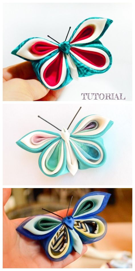 Fabric Origami Butterfly, Fabric Butterflies Diy How To Make, Fabric Butterfly Diy Tutorials, Fabric Origami Tutorial, Fabric Butterfly Diy, Origami Flowers Diy, Fabric Butterflies, Fabric Art Diy, Ribbon Butterfly