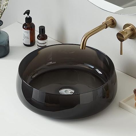 Black Vessel Sink Bathroom, Black Sink Bathroom, Sink Above Counter, Round Bath, Round Bathroom, Black Sink, Glass Vessel Sinks, Sink Basin, Small Vanity