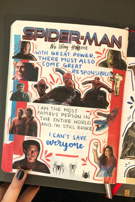 spider-man no way home page in my mcu journal Spider Man Journal Ideas, Spiderman Journal Ideas, Spider Man Journal, Spiderman Journal, Marvel Scrapbook, Spider Man Quotes, Marvel Diy, Journal Decor, Movie Journal