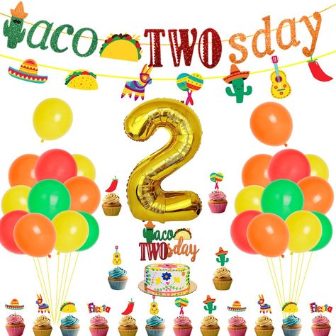 PRICES MAY VARY. Taco Twosday Birthday Party Decorations: 1 taco twosday garland, 1 mexican garland, 1 number “2” foil balloon in 40 inch, 20 latex balloons in 12 inch(5 red, 5 yellow, 5green, 5 orange), 1 taco foil balloon(60*70cm), , 1 cactus foil balloon(73*63cm), 1 taco twosday cake topper, 24 mexican cupcake toppers. Mexican Birthday Decorations: This is the perfect decoration for your two-year-old party. The cute Mexican theme and cactus balloons make your party full of joy and an unforget Fiesta Birthday Decorations, Mexican Garland, Twosday Birthday Party, Taco Twosday Birthday Party, Cactus Balloons, Taco Twosday Birthday, Cactus Balloon, Taco Twosday, Second Birthday Party