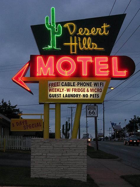 Desert Hills Neon Sign Route 66 by gtotiger68, via Flickr Desert Grunge, Old Neon Signs, Retro Signage, Desert Hills, Desert Aesthetic, Route 66 Road Trip, Bg Design, Vintage Neon Signs, Retro Sign