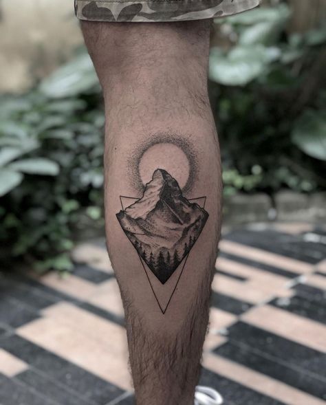 Mountain Calf Tattoo Men, Mountain Calf Tattoo, Geometric Mountain Tattoo Design, Male Calf Tattoo, Men’s Calf Tattoo Ideas, Calf Tattoo Men Simple, Calf Tattoo Men Calves, Back Calf Tattoos Men, Tattoo Ideas For Men Leg Calves