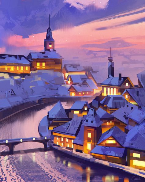 Snowy Village Art, Winter Village Illustration, Winter Concept Art, 2d Landscape, Screensaver Iphone, Snowy Village, Winter Landscape Painting, Winter City, Winter Illustration