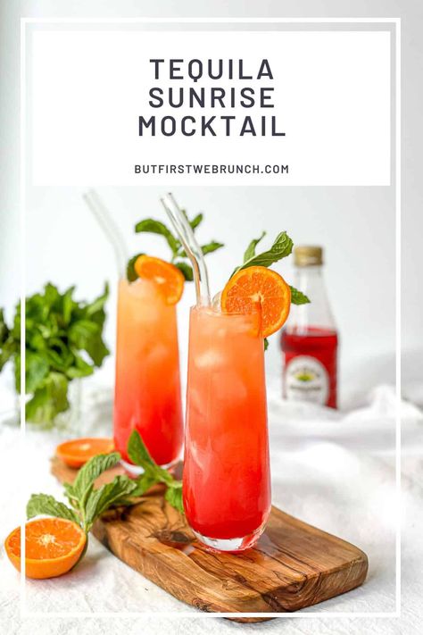 Tequila Sunrise Mocktail - But First We Brunch! Tequila Sunrise Mocktail, Sunrise Mocktail, Virgin Drinks, Bagel Breakfast Sandwich, Breakfast Bagel, Brunch Drinks, Dry January, Lime Soda, Tequila Sunrise