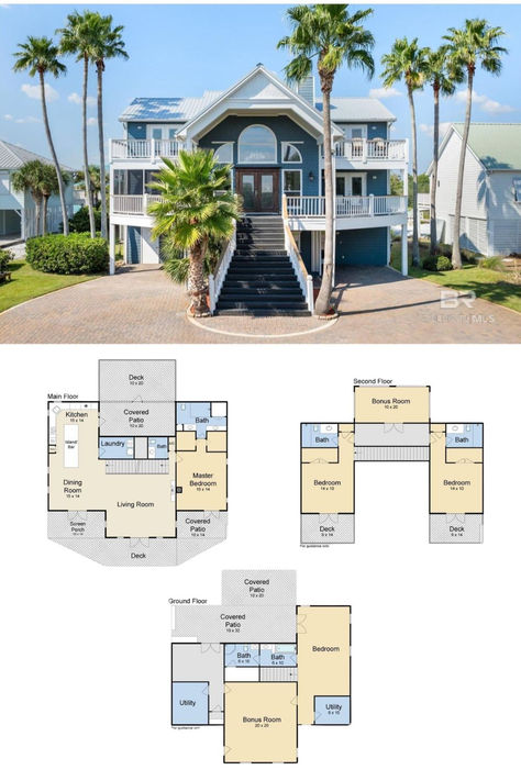 4-Bedroom Waterfront Home with Screened Porch and Boathouse (4,000 Sq. Ft. Floor Plan) Floor Plan Beach House, Beach Villa Floor Plan, Villa Floorplan, Beach House Plans On Pilings, Beach House Blueprints, Beach House Floor Plan, Beach House Layout, Ranch Style Floor Plans, Beach House Floor Plans