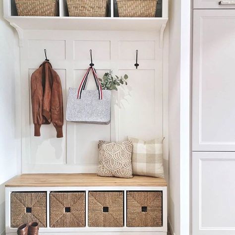 Have you seen this lovely mudroom hack over at @chateau.leg0? The bench is a Kallax overlaid with wood. The top is a Hemnes bridging unit. And in between lots of DIY goodness. Héloïse has it documented in her Story Highlights. Hop over to see how it’s done. . #Mudroom #Hallway #Wainscoting #DIYDecor #Entry #IkeaHack #EntryWay  #InstaDecor #InspirationDeco #Farmhouse #FixerUpperStyle #FarmhouseStyling Hemnes Entryway Hack, Kallax Hack Bench Entryway, Entry Bench Closet, Kallax Mudroom Bench, Kallax Hack Entryway, Kallax Hack Hallway, Kallax Wood Top, Kallax Entryway Bench, Kallax Hallway Storage