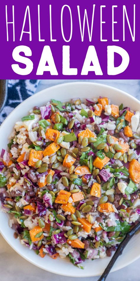 If you're looking for a healthy, savory option to celebrate Halloween with this year, you've got to make my Halloween Salad with Rice and Veggies! It's made using Halloween colored ingredients and tossed with a fall flavored apple cider vinegar dressing. Serve as a side dish at your halloween party or bring for healthy and filling work lunches throughout the week. #halloweensalad #ricesalad #worklunch #mealprep #vegetarian #glutenfree Halloween Potato Salad, Halloween Salad Recipes, Halloween Cauliflower, Halloween Sides Dishes, Halloween Salad Ideas, Spooky Salad, Halloween Salads, Halloween Side Dishes, Halloween Potluck Ideas For Work