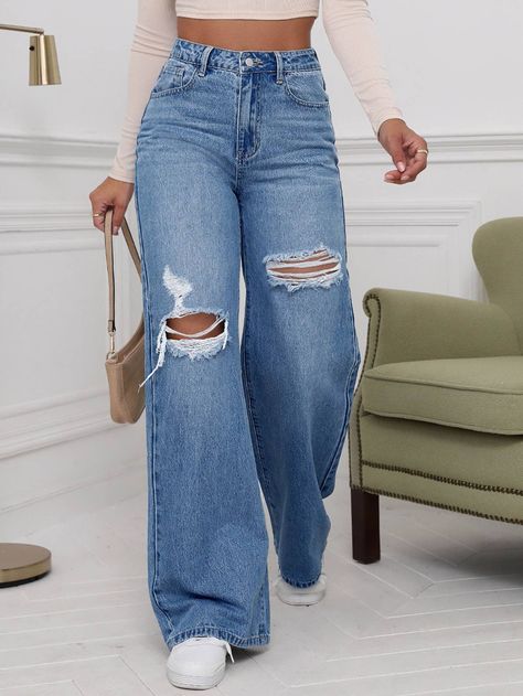 Light Wash  Collar  Denim Plain Wide Leg Embellished Non-Stretch  Women Denim Womens Fall Dress, Outfit Jeans, Sweatshirt Women, Women Denim Jeans, Sweaters And Jeans, Outerwear Women, Ripped Jeans, Stretch Jeans, Denim Wash