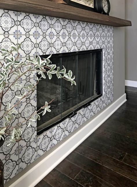 Artisan Stone Tile, Fireplace Renovation, Tile Fireplace, Fireplace Tile Surround, Wood Fireplace Mantel, Peel And Stick Floor, Wood Mantels, Fireplace Hearth, Tile Stickers