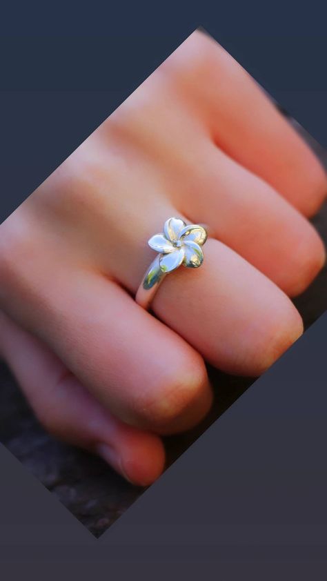 Silver Flower Ring, Hawaiian Plumeria Flower Ring, Thick Silver Semi Round Wire Women Ring, Romantic Exotic Floral Statement Wide Band Ring