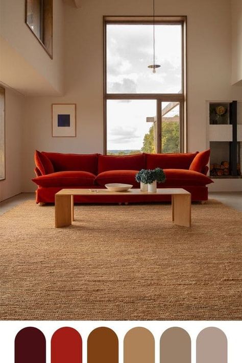 Red Colour Schemes Living Room, Brick Red Sofa Living Rooms, Red Rug Living Room Decor Modern, Brick Red Couch Living Room, Living Space Color Scheme, Red Sofa Interior Design, Red Couch Color Scheme, Red And Brown Interior, Red And Brown Living Room Ideas