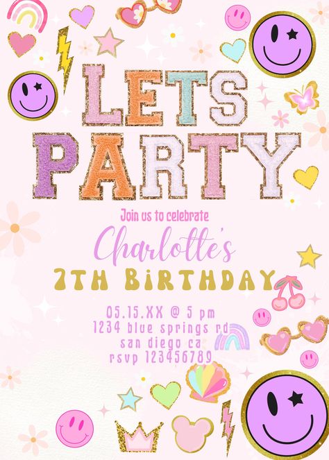 Let's Party Birthday Invite! With Preppy Chenille Patch Letters Cute for your Party!  PLEASE NOTE  This item is a DIGITAL FILE; no physical item will be shipped. This file is NOT editable. SIMPLE & EASY TO USE 1. Download the PDF file. 2. Print at a local copy shop (Office Depot, FedEx Office, etc.) Preppy Bday Invitations, Preppy Girl Birthday Party, Seven Birthday Theme, Preppy Pink Birthday Party, Preppy 10th Birthday Party, Patch Party Birthday, 10 Is A Vibe Party, Preppy Themed Birthday Party, Preppy Birthday Invitations