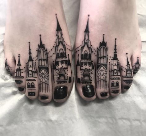 Toe Buildings Black And White Tattoos, Toe Tattoos, Private Tattoos, White Tattoos, Foot Tattoos For Women, Tattoo Artwork, B Tattoo, Foot Tattoo, Trendy Tattoos