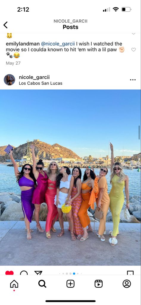 Pool Bachelorette Party Outfit, Colorful Group Outfits, Neon Theme Bachelorette Party Outfits, Cancun Party Theme, Sunset Night Bachelorette, Bachelorette Colorful Outfits, Color Night Bachelorette Party, Electric Love Bachelorette Outfit, Dresses For Cabo San Lucas