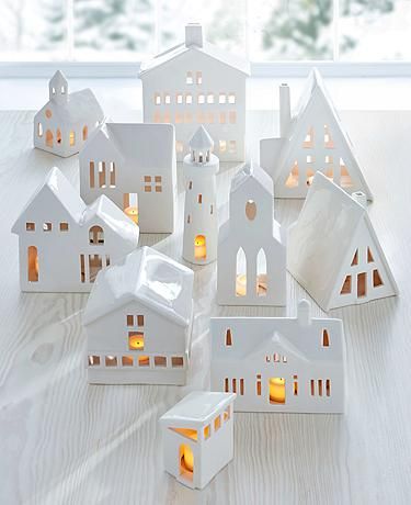 White House Christmas Decor, Christmas Village Ceramic, White Ceramic Houses Christmas, White Christmas Village, Cozy Village, Pottery Village, Cozy Scandinavian, Neutral Holiday Decor, White Christmas Tree Decorations