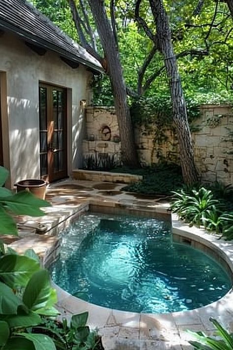 Small Side Yard Pool Ideas, Small Backyard Ideas Hot Tub, Plunge Pool Landscaping, Small Plunge Pool Ideas, Wading Pool Ideas, Small Pool With Water Feature, Small Private Backyard Ideas, Backyard Pool House Ideas, Pool In Bathroom