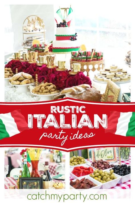 Take a trip to Italy with this fabulous Italian 70th birthday party! The party decorations are fantastic!! See more party ideas and share yours at CatchMyParty.com #catchmyparty #partyideas #littleitaly #italian #70thbirthdayparty #rusticparty Italian Decorations, Italian Table Decorations, Italy Party Theme, Little Italy Party, Italian Themed Party, Italy Birthday, Italian Party Decorations, Italian Dinner Party Decorations, Italian Festival