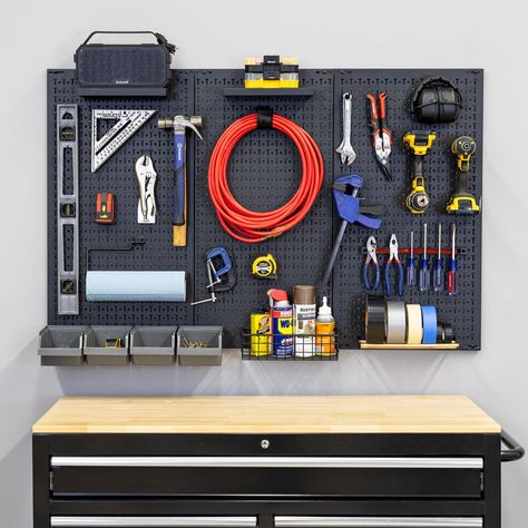 PRICES MAY VARY. PEGBOARD WALL ORGANIZER: 3-Panel black pegboard wall storage system includes 23 storage attachments to neatly organize wrenches, screw drivers, drills, clamps, paper towels, hammers, and more. CUSTOMIZABLE: The proprietary T-shaped storage slots secure a variety of storage tool attachments. Holes are also included to fit standard pegboard attachments for a universal garage wall organizer. HEAVY DUTY: The solid metal pegboard supports up to 450 lbs for maximum capacity. Durable s Pegboard Organization Garage, Peg Board Organization, Black Pegboard, Tool Pegboard, Tool Wall Storage, Garage Storage Plans, Garage Wall Organizer, Pegboard Garage, Garage Door Maintenance