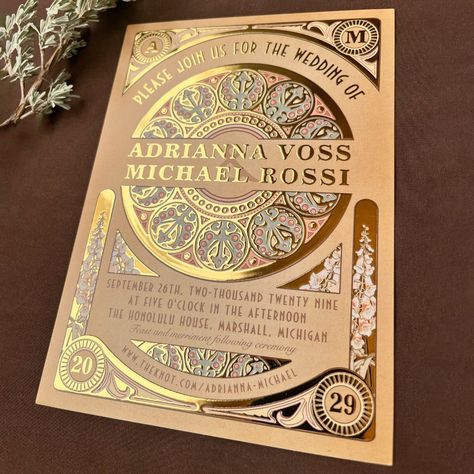 Royal Nouveau Wedding Invitation with real gold foil. Beautiful, stunning & eye-catching art nouveau wedding invitation. This item is one piece of the larger Royal Nouveau V1 Wedding Collection.  FOR DETAILED CUSTOMIZATION (Advanced) : If you need to change the graphic colors, all colors can be changed by clicking the "Edit Design" button, then clicking on individual SVG Layers. Please write down the color hex code numbers you want, as there are *many* colors and pieces. Some pieces like the man Fantasy Wedding Invites, Art Deco Wedding Invite, Fancy Invitations, Art Nouveau Invitation, Art Nouveau Wedding Invitation, Unique Wedding Invites, Royal Invitation, Royal Wedding Invitation, Art Nouveau Wedding