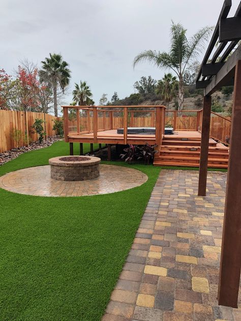 Turf Fire Pit Area, Artificial Grass And Pavers, Astroturf Backyard, Plastic Grass Pavers, Backyard With Fire Pit, Artificial Grass Ideas, Artificial Grass Garden, Grass Backyard, Paver Fire Pit