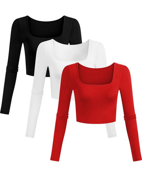 PRICES MAY VARY. Gorgeous Square Neckline: the squared neckline is so flattering and well done; There's no extra fabric anywhere, and the top is not revealing; The square neck crop top is a nice seasonal basic slim fitted t-shirt that will draw attention Comfortable and Reliable Material: the long sleeve crop top is made of 60% polyester, 35% rayon and 5% spandex, comfy, breathable, cool, stretchy, lightweight, not wrinkly; You will love the material and the elegant look Easy to Match: the women Cute Red Shirts, Tops Square Neck, Tight Crop Top, Neck Workout, Red Shirts, Oc Outfits, Squared Neckline, Fitted Shirts, Trendy Outfits For Teens