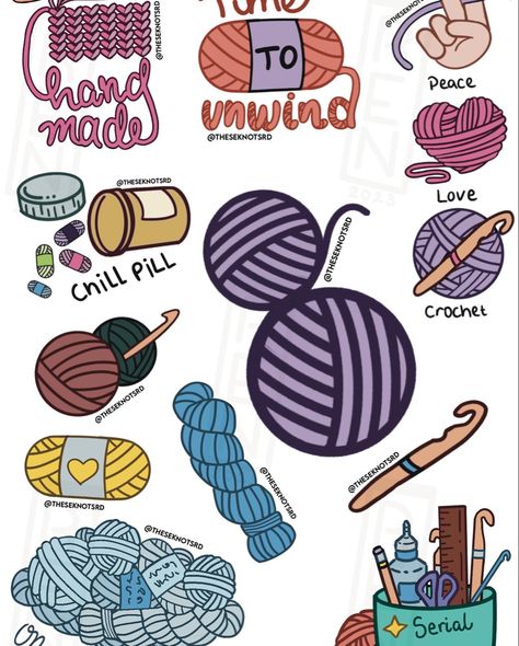 Assorted images of crochet yarn, skeins and crafting tools in a cute style depicting funny puns Crochet Stickers Free Printable, Crochet Stickers, Crochet Design, Drawings Simple, Simple Doodles, Art Drawings Simple, Cute Crochet, Crochet Designs, Sticker Set