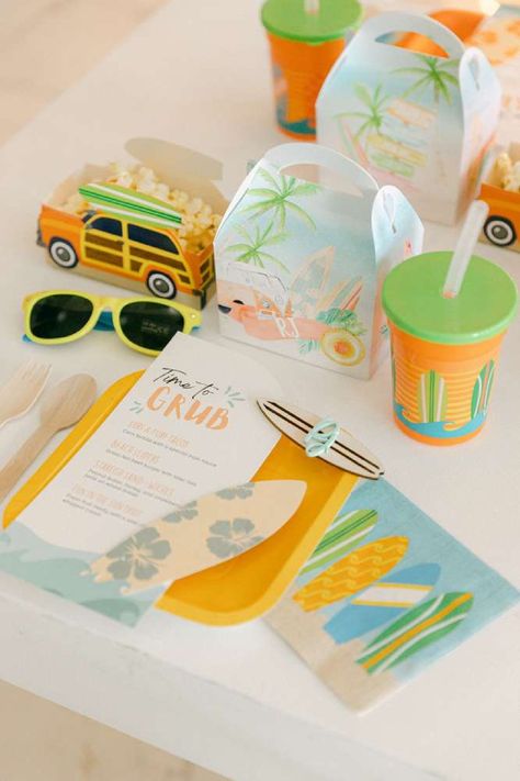 Check out this cool Summer surf-themed birthday party! What fantastic table settings! See more party ideas and share yours at CatchMyParty.com Surfer Birthday Party, Surf Theme Party, Surfer Birthday, Surf Birthday Party, Surf Birthday, Surf Party, Girl Birthday Decorations, Summer Birthday Party, 1st Birthday Decorations