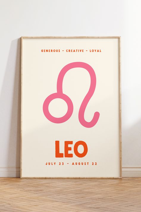 Leo Zodiac Sign Print, Pink and Orange Poster, Maximalist Poster, Modern Colorful Eclectic Decor, Star Sign Poster, Astrology Wall Art, Dopamine Colors, Zodiac Themed Bedroom, Zodiac Sign Prints, Star Sign Prints, Zodiac Bedroom, Colorful Eclectic Decor, Leo Poster, Star Sign Poster, Preppy Wall Decor, Zodiac Decor