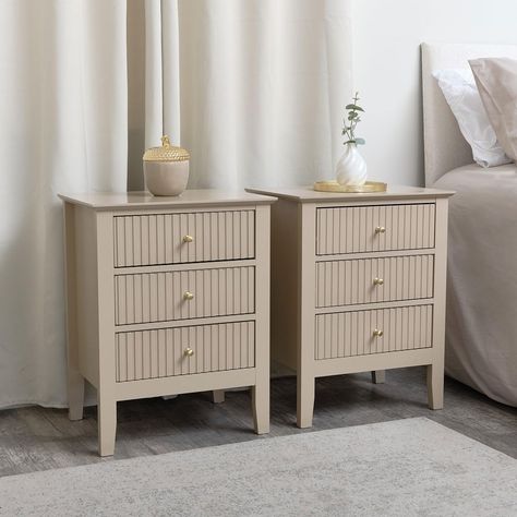 Melody Maison Pair of 3 Drawer Bedside Tables - Hales Tan Range Fluted Drawers, Stylish Storage Ideas, Grey Dressing Table, Bedroom Clutter, 3 Drawer Bedside Table, Kitchen Wall Cabinets, Gold Knobs, Drawer Bedside Table, Mirror With Hooks