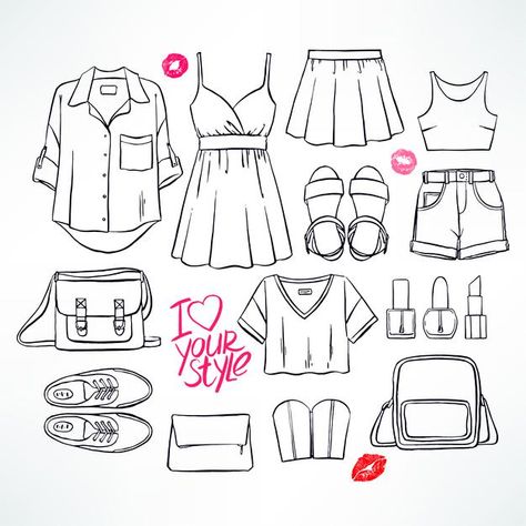 Set with various women's summer clothing... | Premium Vector #Freepik #vector #summer #woman #fashion #girl Clothing Stamp, Vector Clothes, Boulet Journal, Doodle Shirt, Clothes Shirt, Shirt Drawing, Art Outfits, Fashion Drawing Tutorial, Bullet Journal Doodles