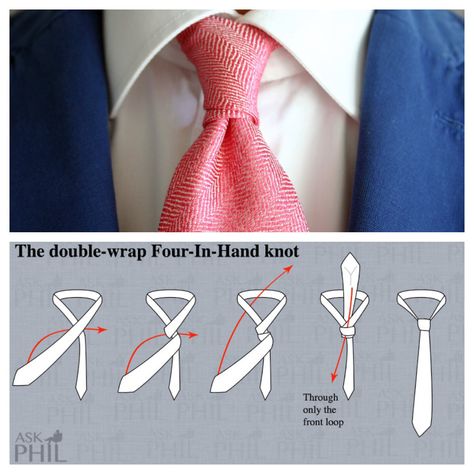 How to tie the double-wrap four in hand knot. Stay sharp fellas. Four In Hand Knot Tie, Mens Dress Attire, Four In Hand Knot, Simpul Dasi, Top Watches For Men, Tie A Necktie, Classic Mens Hairstyles, Neck Tie Knots, Mens Business Casual Outfits