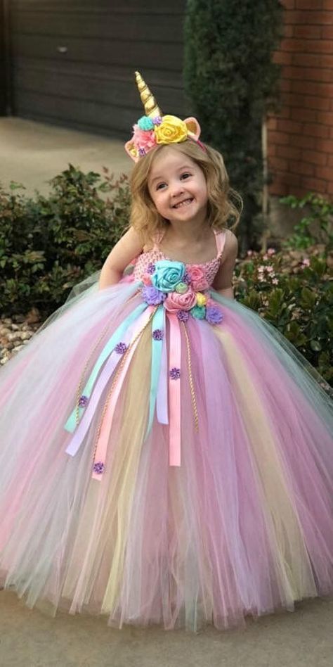 25 Cool Unicorn Party Ideas for Kids | momooze Birthday Dress Girls Kids, Halloween Costume Unicorn, Easter Tutu Dress, Unicorn Birthday Dress, Gaun Ruffle, Unicorn Tutu Dress, Unicorn Halloween Costume, Unicorn Birthday Outfit