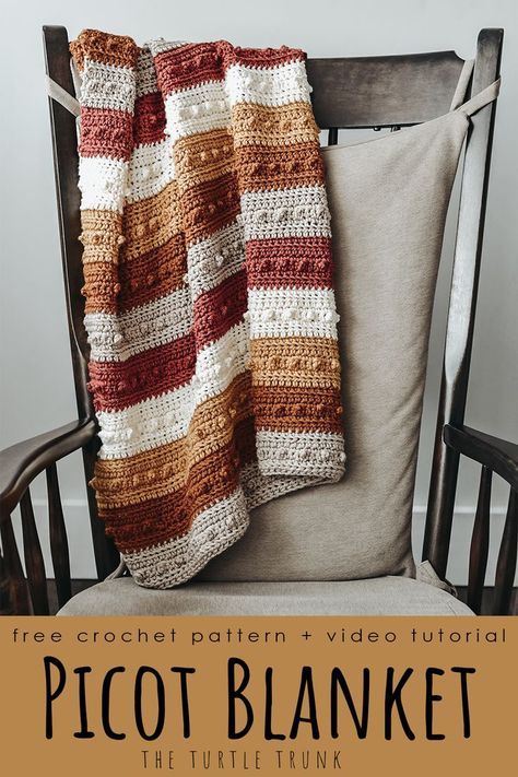 Striped, crochet blanket laying on a rocking chair. Crochet pattern is the Picot Blanket by The Turtle Trunk. Big Yarn Crochet Blanket, Multi Stitch Crochet Blanket Free Pattern, 1 Stitch Crochet Blanket, Starter Crochet Patterns, Fast Easy Crochet Blanket, Crochet Blanket 3 Colors, Crochet Patterns For Beginners Step By Step, Multicolor Crochet Blanket, Picot Blanket